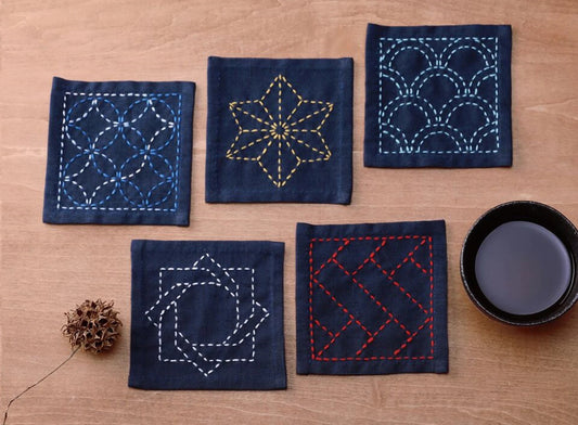 Sashiko Tsumugi Sampler Coasters - Navy Blue